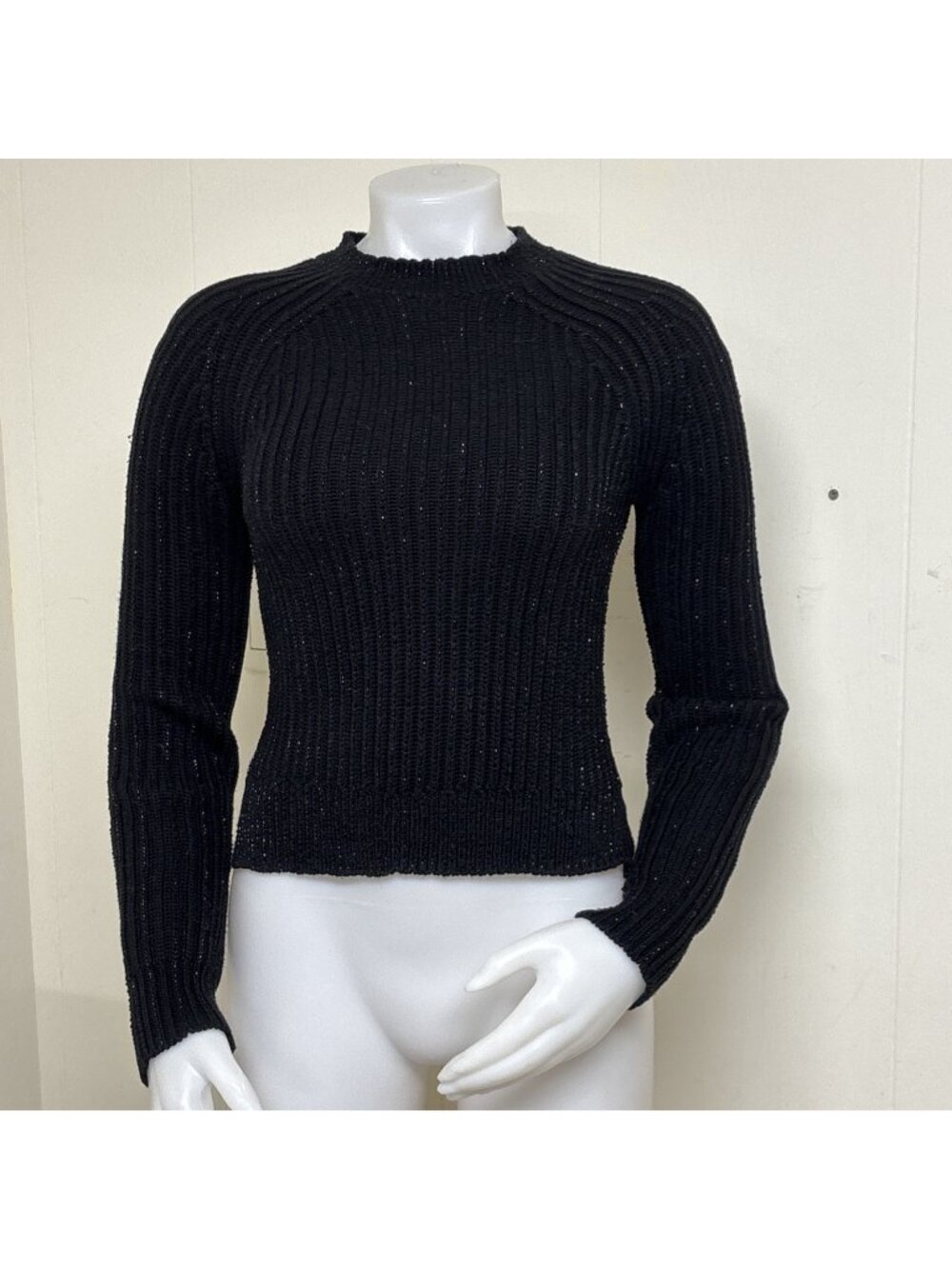 Zara Cropped Sweater Womens S Black Handknit Beaded Cotton Mock Neck Pullover